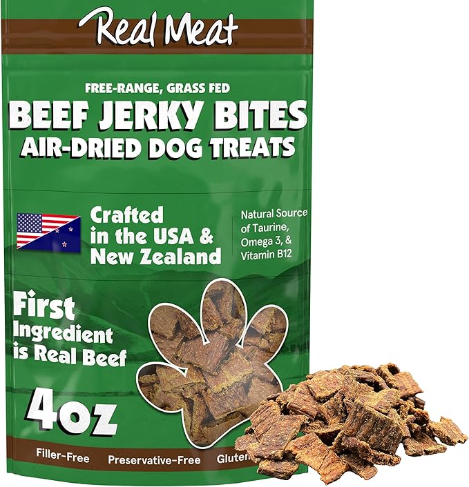 Real Meat Dog Treats - 4oz Bag of Bite-Sized Air-Dried Beef Jerky for Dogs - Grain-Free Jerky Dog Treats Made up of 95% Human-Grade, Free-Range, Grass Fed Beef - All-Natural High Protein Dog Treats
