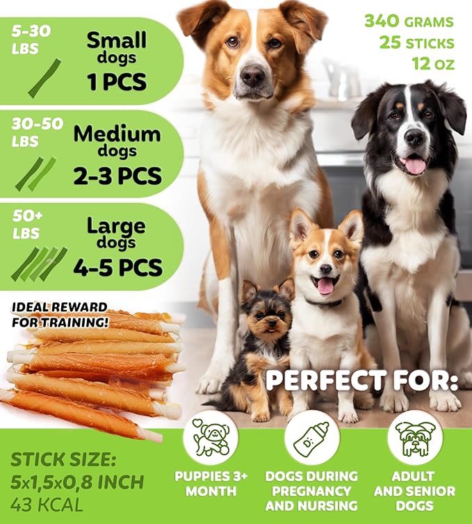 Chicken Wrapped Rawhide Sticks - Supports Dental Health Dog Treats, Grain Free, High Protein, Low-Calorie Canine Treats, 12 oz