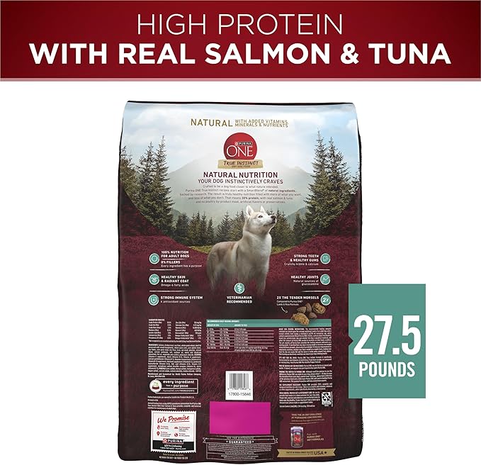 Purina ONE True Instinct With Real Salmon and Tuna Natural With Added Vitamins, Minerals and Nutrients High Protein Dog Food Dry Formula - 27.5 lb. Bag