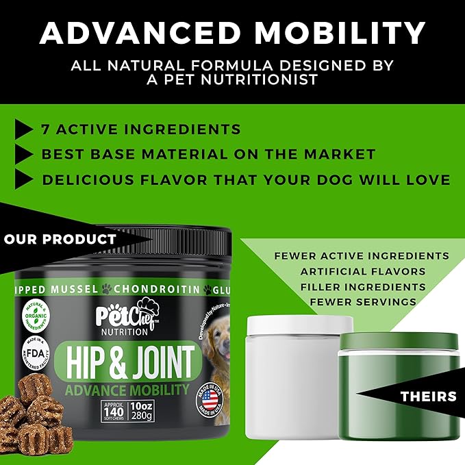 Pet Chef Advanced Dog Hip & Joint Supplement Treat - Glucosamine, Chondroitin & Turmeric MSM Breeds-Reduce Pain, Inflammation & Arthritis. Super Dog Hip & Joint Treat. Renews All Dogs.