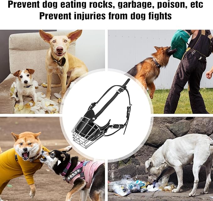 Dog Muzzle, Dog Metal Face Basket, Dog Mouth Breathable Adjustable Leather Leash Suitable for Large Medium-Sized Dogs (M)