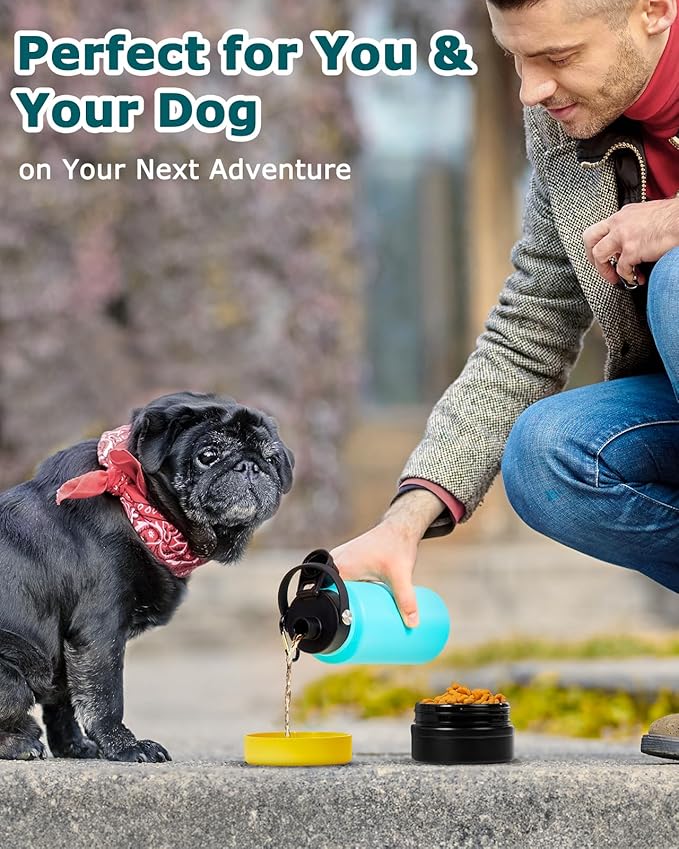 Portable Dog Water Bottle, 32OZ Stainless Steel Dog Water Bottle, with Dog Drinking Bowl & Food Bowl, Leak Proof, Double Vacuum Insulation, Dog Travel Water Bottle for Walking Hiking Camping