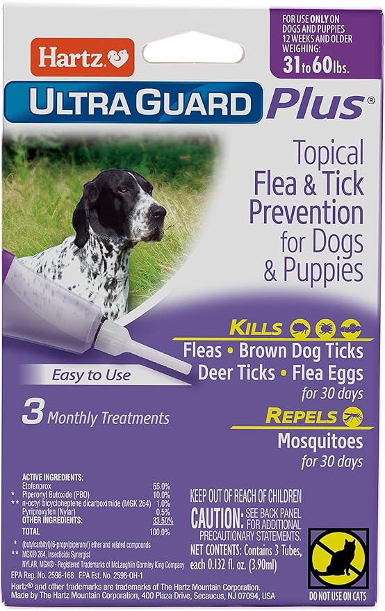 Hartz UltraGuard Plus Topical Flea & Tick Prevention for Dogs and Puppies - 31-60 lbs, 3 Monthly Treatments