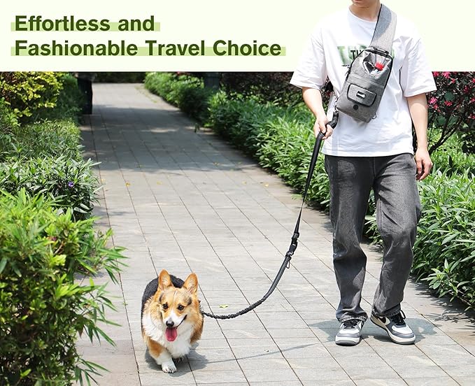 Pecute Hands Free Dog Leash, Multifunctional Crossbody Rope with Bag, Elastic Nylon Double Hands Free Leash with Pouch for Large Dogs, Reflective Shock Absorbing Bungee Walking, Jogging and Running