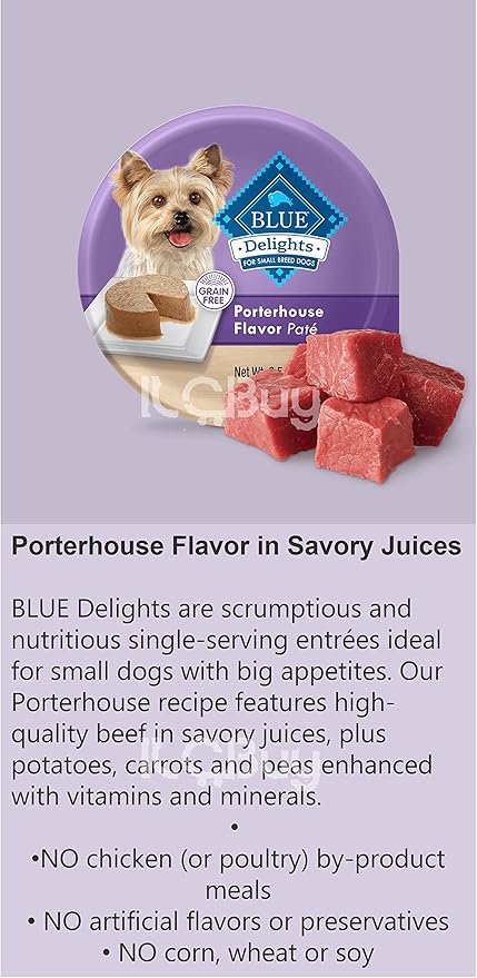 blue delights wet dog food small breed bundle, (Pack of 10) , 05 Flavors( 02 cans each),Porterhouse, Angus, Filet Mignon, Top Sirloin and Grilled Chicken.Plus a roll dog Bag and Pet Nutrition Booklet.