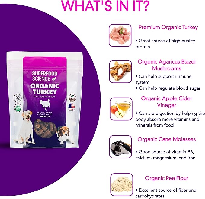 Organic Dog Treats for Small, Medium, and Large Breeds, Semi-Soft Organic Turkey Dog Training Jerky Snack Bites, All-Natural & Gluten-Free, Immunity & Hypoallergenic recipe, 5 oz