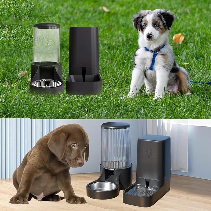 Hamiledyi Automatic Dogs Feeder and Water Dispenser Cats Gravity Food Feeder and Waterer Set Self Feeding station with Food Bowl for Pets Puppy Kitten Rabbit Large Capacity(3.8L)