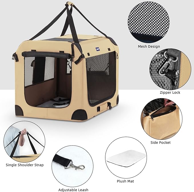 Portable Dog Crate, Collapsible Dog Travel Crate 32x23x23 with Soft Blanket Foldable Bowl and a Poop Bag with Dispenser for Medium & Large Dogs
