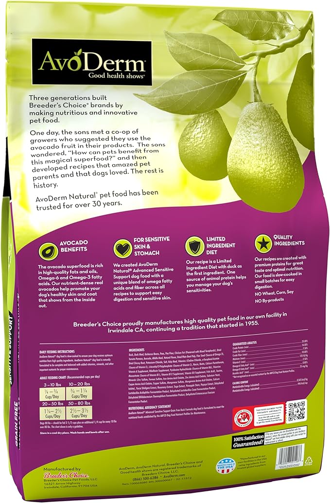 AvoDerm Advanced Sensitive Support Grain-Free Duck Formula Dog Food, Sensitive Stomach, 22lb