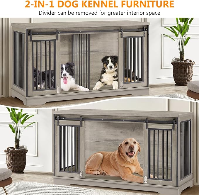 2-in-1 Double Dog Crate Furniture with Divider 60.6 Inch Grey Sturdy Dog Kennel TV Stand with 2 Sliding Doors and Thick Iron Door Frame for 2 Dogs
