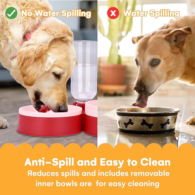 Noa Store Pet Food and Water Dispenser - 2 Removable Bowls - Gravity-Fed Drinking System for Cats and Dogs - 12x7x8 inches - Easy-to-Clean Feeder - Continuous Water Flow - Cat Feeding Station - Pink