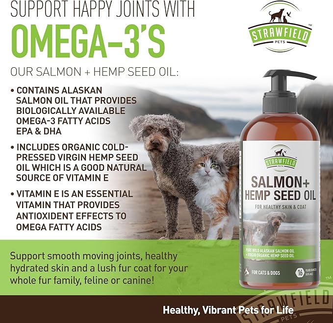 Strawfield Pets' Salmon + Hemp Oil Wild Alaskan Salmon Oil for Dogs & Cats with Organic Pet Hemp Oil Liquid Omega 3 Fish Oil for Dog Shedding, Dry Itchy Skin, Coat Supplement, USA 16 oz / 474 ml