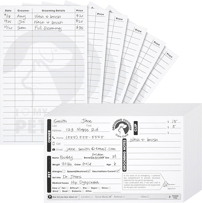 Juvale 100-Pack Pet Grooming Cards, Customer Information Cards, Cat or Dog Grooming Client Cards and Contact Profile Extender, Pet Info Record Cards for Groomers (8x5 in)