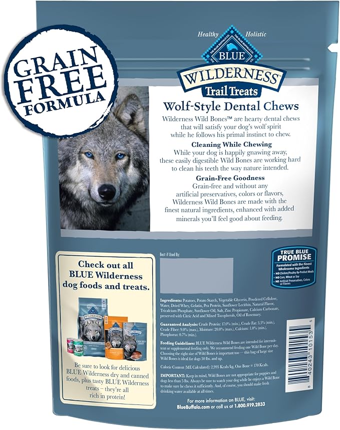 Blue Buffalo Wilderness Trail Treats Wild Bones Large Dental Chews, Grain-Free Dog Bones For Large Dogs Made with Natural Ingredients, 10-oz. Bag