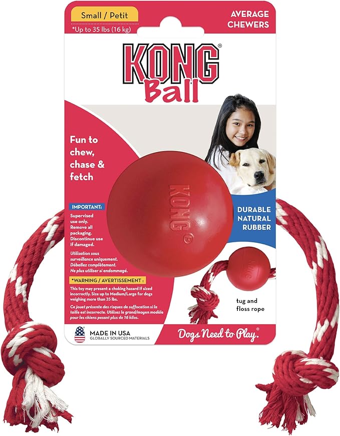 KONG Ball with Rope - Dog Fetch Toy with Rope for Easy Throwing - Durable Dog Ball Toy for Tug, Playtime & More - Natural Rubber Ball Rope Toy for Dogs - Red, For Small Dogs
