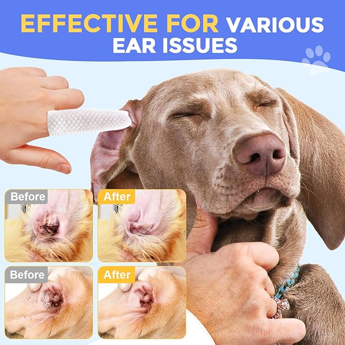 Ear Finger Wipes for Dogs & Cats - Cleaning Earwax & Debris - Relieves Ear Itching & Discomfort - Fresh Aloe Scent - Sooths & Repair, Natural Ingredients-100 Count