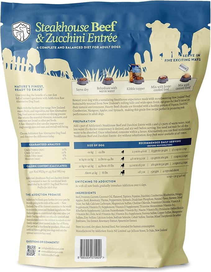Addiction Steakhouse Beef & Zucchini Raw Alternative Dog Food - Gently Air-Dried Complete Meal or Dog Food Topper for Digestive and Skin and Coat Health, 2 lb
