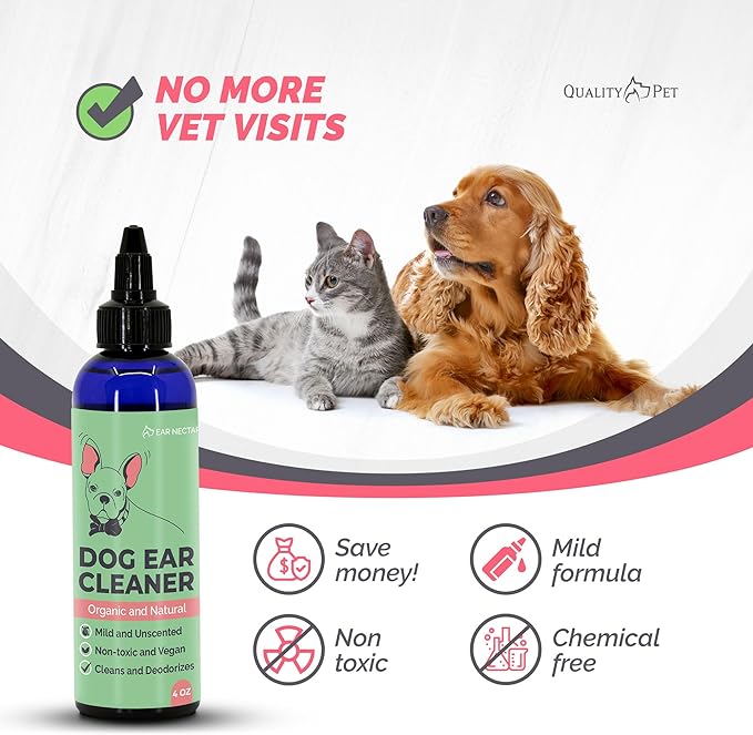 Dog Ear Cleaner Solution - Organic & Natural Ear Cleaning Drops with Aloe, Vitamin E, Coconut Oil & Witch Hazel for Cats and Dogs - Pet Ear Wash, Rinse & Cleanser to Relieve Itchy Ears