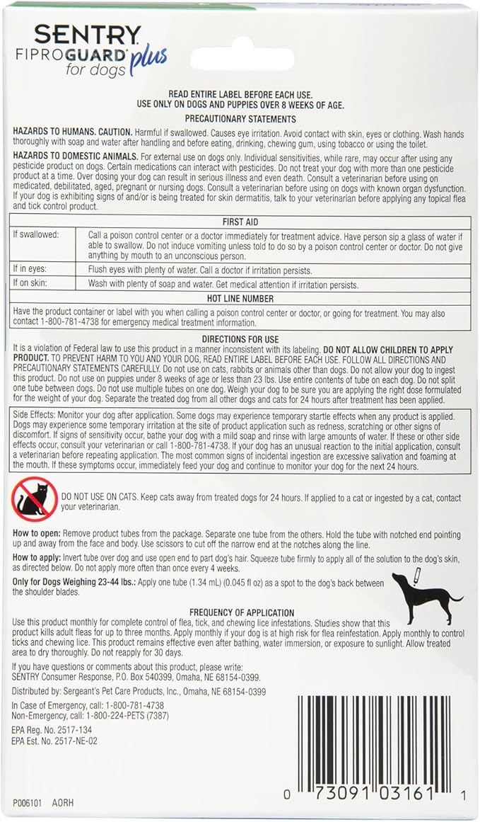 SENTRY PET CARE SENTRY Fiproguard Plus for Dogs, Flea and Tick Prevention for Dogs (23-44 Pounds), Includes 3 Month Supply of Topical Flea Treatments