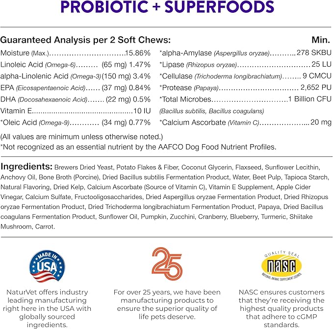 NaturVet Evolutions Probiotic & Superfoods 180ct Soft Chews for Dogs - Prebiotic & Probiotic Blend, Digestive Enzymes, Bone Broth, Omega's - Nourishes Natural Gut Bacteria and Intestinal Microflora