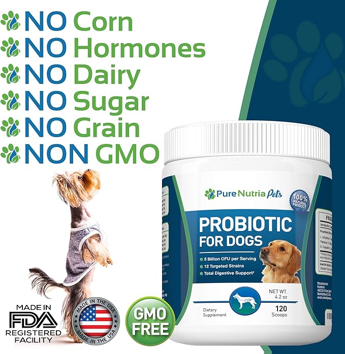 Dog Probiotics Dog Supplements - for Dog Diarrhea, Upset Stomachs, Yeast, Gas, Dog Allergy and Dog Immune System Support - Made in USA - 12 Targeted Strains 5 Billion CFU - 120 Scoops
