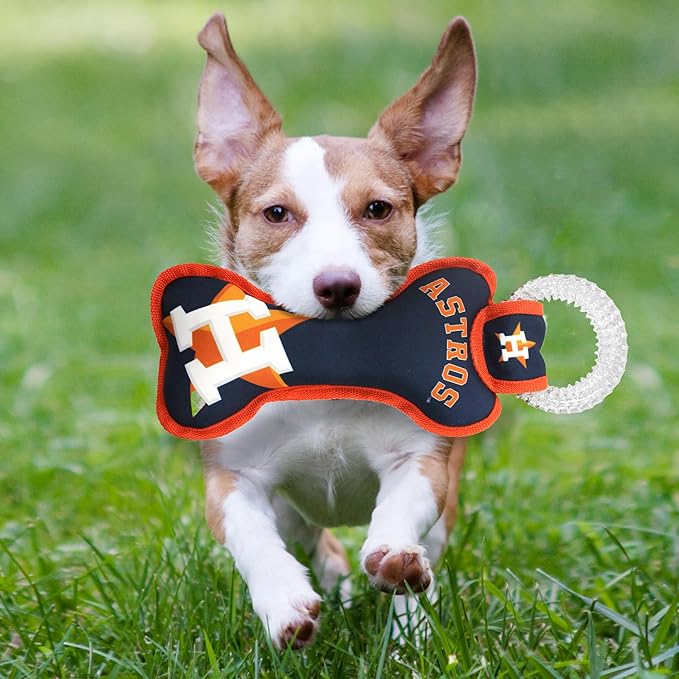 MLB Houston Astros Bone Shaped Dental Dog TUG Toy with Squeaker. Tough PET Toy for Healthy Fun, Teething, and Cleaning pet's Teeth and Gum.