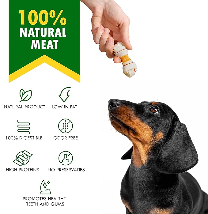 Dog Rawhide Bones Wrapped with Chicken & Pet Natural Chew Treats - Grain Free Meat & Healthy Human Grade Dried Snacks in Bulk - Best Chews for Training Small & Large Dogs - Made for USA