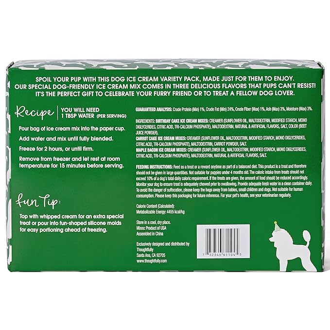 Thoughtfully Pets, Mini Dog Ice Cream Gift Set, Includes 3 Flavors of Dog-Friendly Ice Cream Powder Mix in Paper Cups, Just Add Water and Freeze, Set of 6