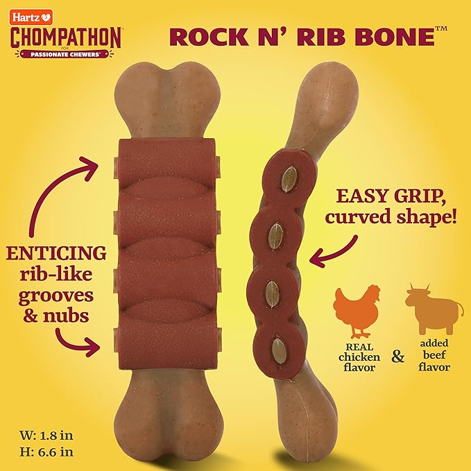 Hartz New Chompathon Rock 'N Rib Bone Dog Chew Toy for Aggressive Chewers, Double Layered Flavored with Chicken & Beef