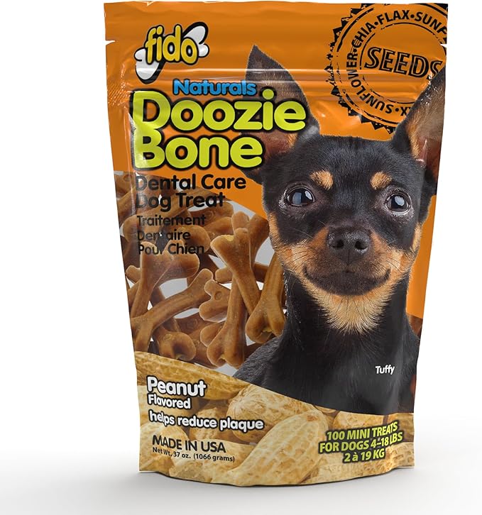 Bones for Dogs, Dental Chews - 100 Delicious Mini Treats, Made in The USA - Mini Dog Dental Chews to Support Your Dog’s Health (Doozie Bone Peanut Flavor)