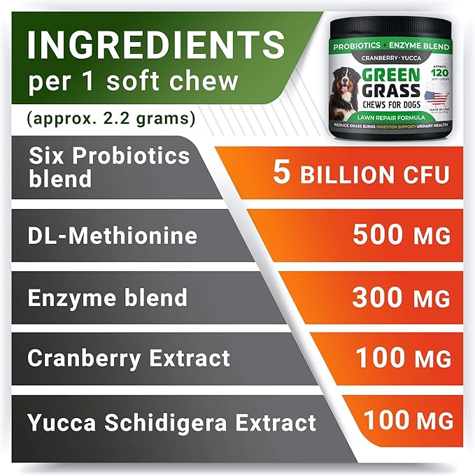 StrellaLab Grass Restore Treats for Dogs - Dog Pee Lawn Repair Chew Probiotics + Digestive Enzymes, Cranberry - Dog Urine Neutralizer for Grass Burn Spots - Health & Wellness Supplements for Dog