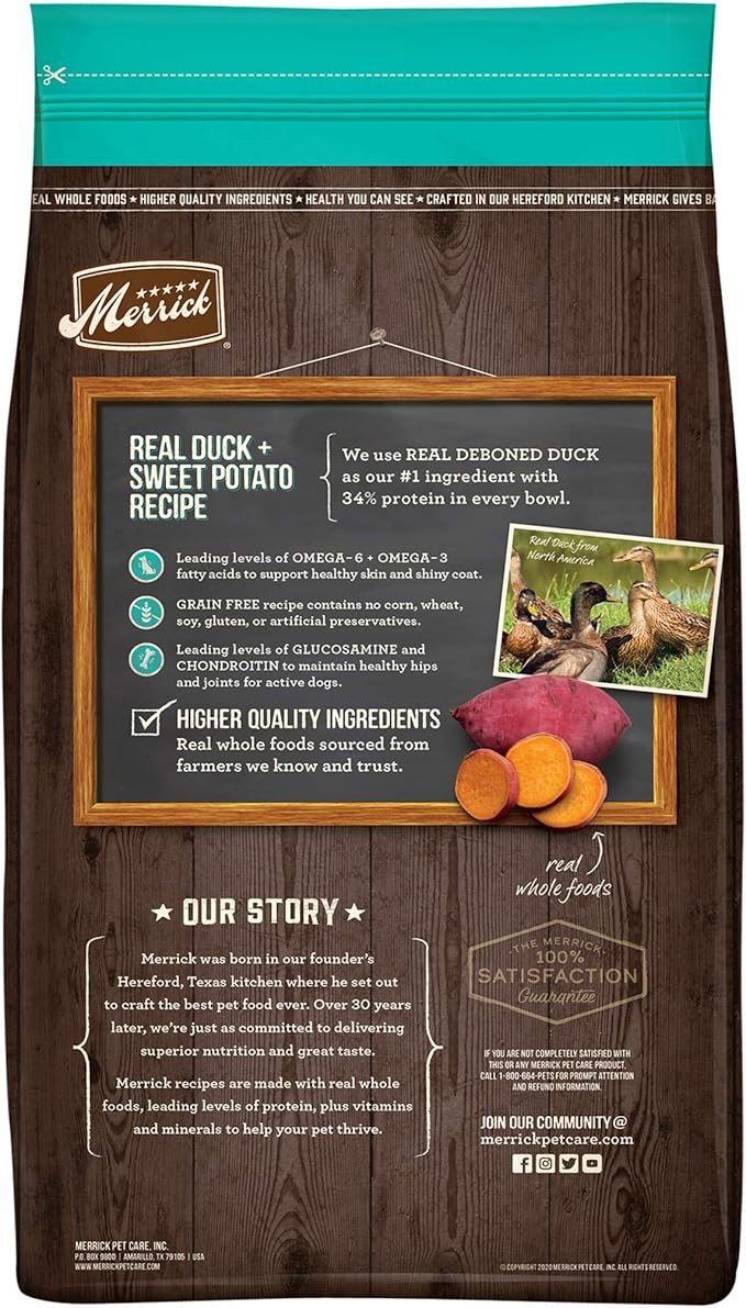 Merrick Premium Grain Free Dry Adult Dog Food, Wholesome and Natural Kibble with Real Duck and Sweet Potato - 22.0 lb. Bag