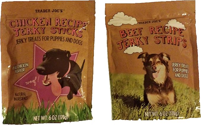 Trader Joe's Puppy and Dog Jerky Stick Treats with Natural Ingredients Bundle - 1 Bag Beef Recipe & 1 Bag Real Chicken Flavor Recipe (6 Oz. Per Bag)