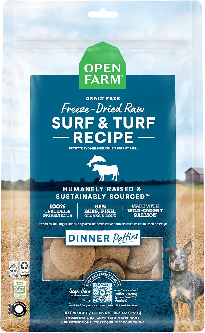 Open Farm Freeze Dried Raw Patties for Dogs, Humanely Raised Meat Recipe with Non-GMO Superfoods and No Artificial Flavors or Preservatives, Surf and Turf Recipe, 17.5oz