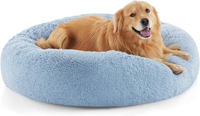 Bedsure Calming Dog Bed for Extra Large Dogs - Donut Washable Large Pet Bed, Anti-Slip Round Fluffy Plush Faux Fur Dog Bed, Fits up to 125 lbs Pets, Blue, 45 inches