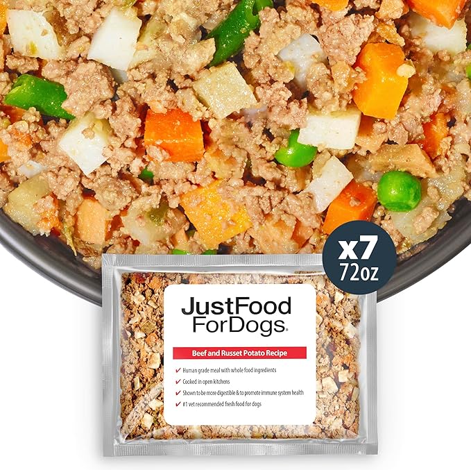 JustFoodForDogs Frozen Fresh Dog Food, Complete Meal or Dog Food Topper, Beef & Russet Potato Human Grade Dog Food Recipe, 72 oz (Pack of 7)