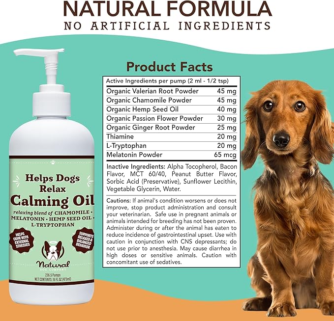 Natural Dog Company Calming Oil, 16 oz Bottle, Helps Manage Normal Stress, Promotes Relaxation, Supports Balanced Behavior, Melatonin for Dogs, May reduce Hyperactivity, for Dogs of all Ages & Sizes