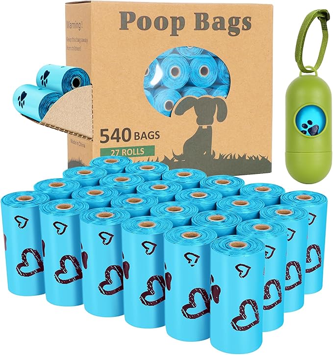 Dog Poop Bag Rolls - 540 Count Dog Waste Bags with Dispenser, Extra Thick Strong Leak proof Poop Bags for Dogs Doggy | Scented Blue
