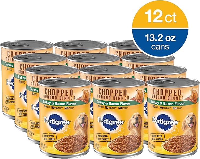 PEDIGREE CHOPPED GROUND DINNER Adult Canned Soft Wet Dog Food, Turkey & Bacon Flavor, 13.2 oz. Cans (Pack of 12)
