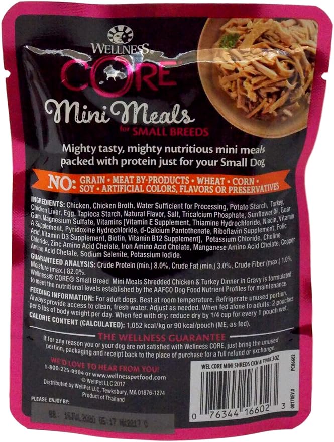 Wellness CORE Mini Meals Grain Free Small Breed Dog Wet Food 3 Flavor 6 Pouch Sampler, 2 Each: Chicken Pate, Chunky Chicken and Liver, Shredded Chicken Turkey (3 Ounces) Plus Toy Bundle