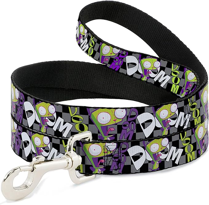 Nickelodeon Pet Leash, Dog Leash, Invader Zim GIR Doom Pose Checker Black Gray, 6 Feet Long 1.0 Inch Wide