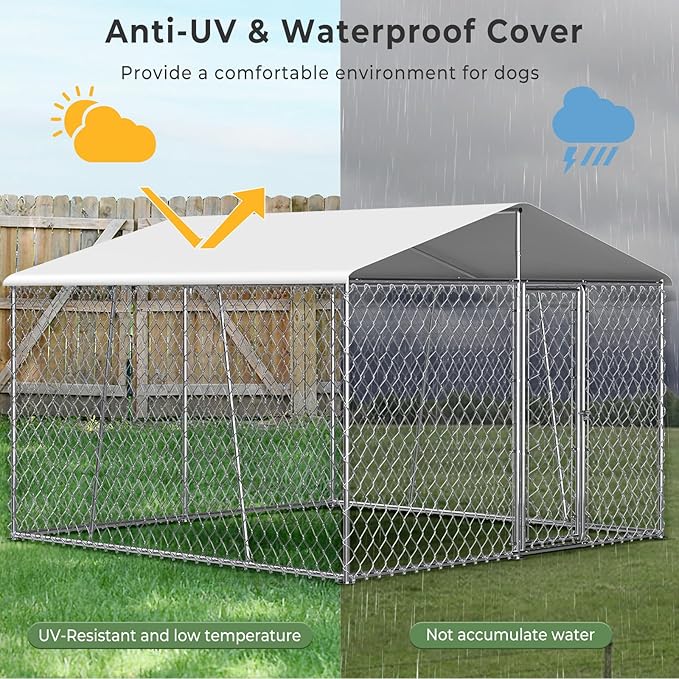Upgraded 10×10FT Outdoor Dog Kennel with Cover Roof, Extra Large Dog Run House Pen Enclosure with Side Rod, Heavy Duty Chain Link Dog Kennel with Lock for Outside Backyard