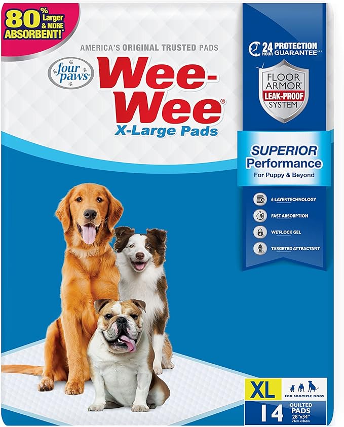 Four Paws Wee-Wee Superior Performance XL Pee Pads for Extra Large Dogs, Leak-Proof Floor Protection Dog & Puppy Quilted Potty Training Pads, Unscented, 28" x 34" (14 Count)