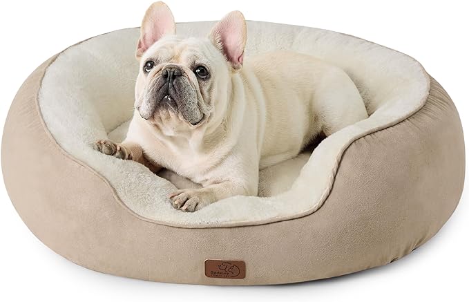 Bedsure Dog Bed for Medium Dogs - Round Washable Medium Pet Bed, Anti-Slip Donut Fluffy Plush Indoor Fur Cat Bed, 30 inches, Camel