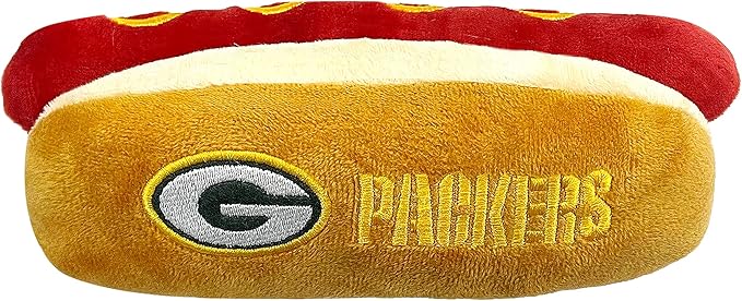 Pets First NFL Green Bay Packers HOT Dog Plush Dog & CAT Squeak Toy - Cutest HOT-Dog Snack Plush Toy for Dogs & Cats with Inner Squeaker & Beautiful Football Team Name/Logo 8 x 5 x 3 Inches