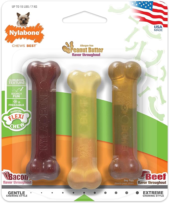 Nylabone FlexiChew Moderate Dog Toys Triple Pack Bacon, Peanut Butter & Beef X-Small/Petite (1 Count)