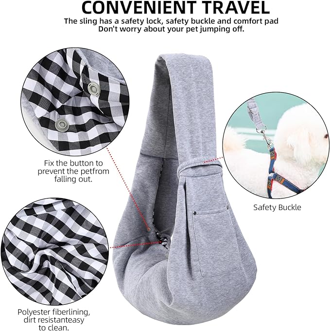 Dog Carrier Sling - Reversible Puppy Carrier Purse with Storage Pocket, Hand-Free Dog Sling Carrier for Carry Small Dogs and Cats,Travel Safety Harness, Dog and cat Harness (Gray)