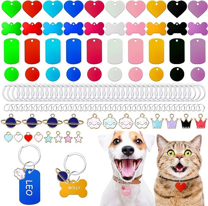 140pcs Pet ID Tag Set with 40pcs Colourful Blank Dog Tags Double Sided Aluminum Cat ID Tags,80pcs Stainless Steel Key Rings and 20pcs Pendants for Dogs Cats Pets Name Phone Number Craft Tag