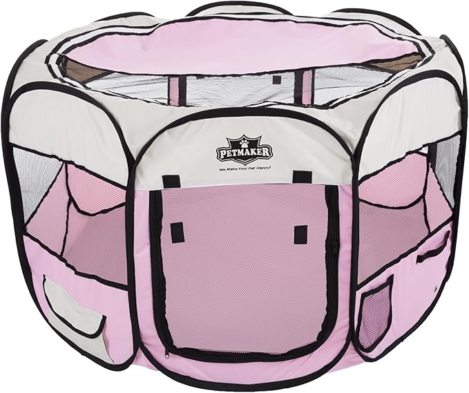 Pet Playpen - 38x24 Pop-Up Dog Kennel with Carry Bag - Portable Play Pen for Dogs, Cats, Rabbits, and Small Animals up to 25lbs by PETMAKER (Pink)