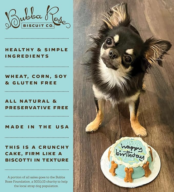 Bubba Rose Biscuit Company: Blue Dog Birthday Cake - Crunchy Biscuit Texture - Natural Gourmet Dog Treat - Dog Cake - 4.25” 1 Count - Made in The USA